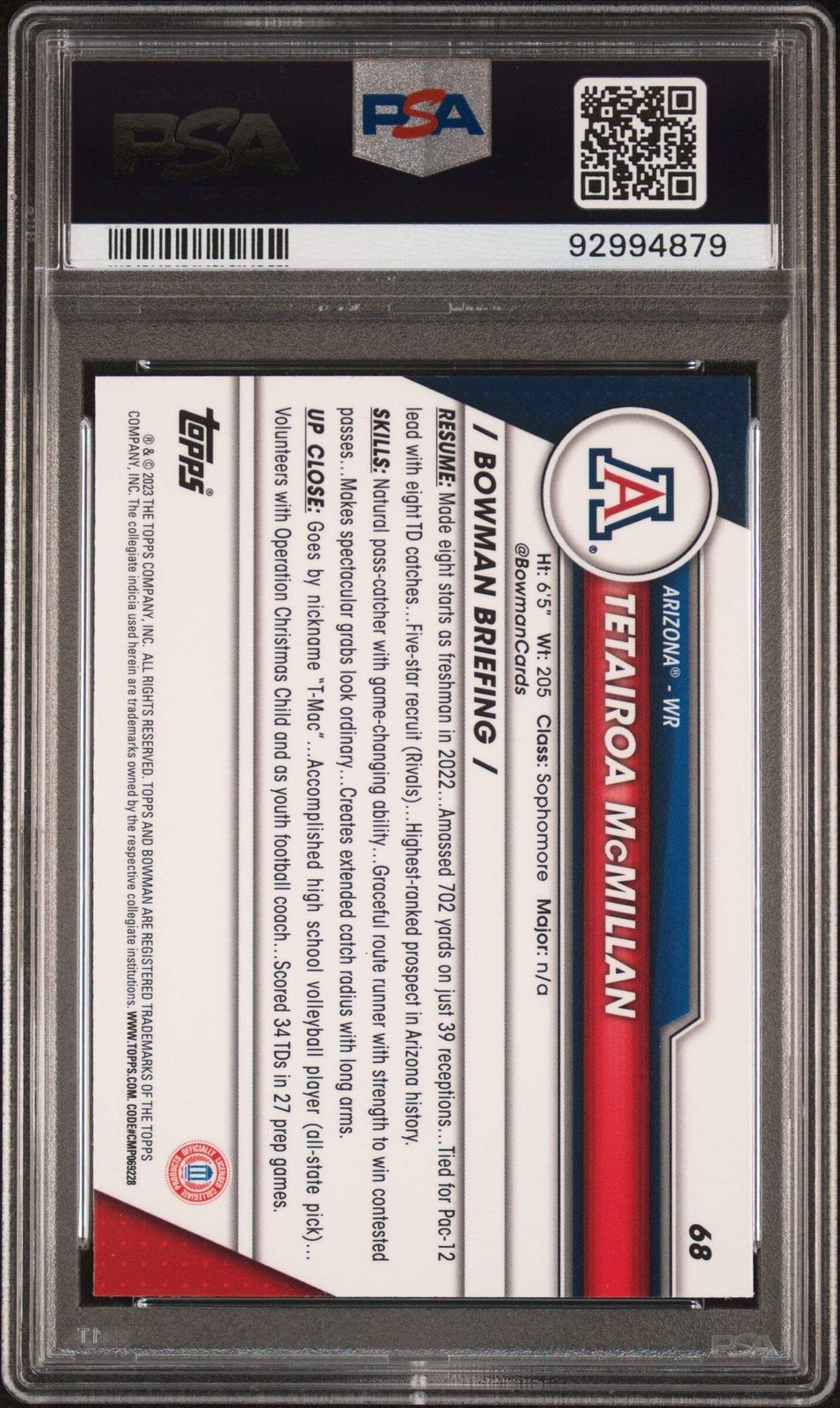 Graded 2023 Topps Bowman U Sapphire Tetairoa McMillan #68 Football Card PSA 10