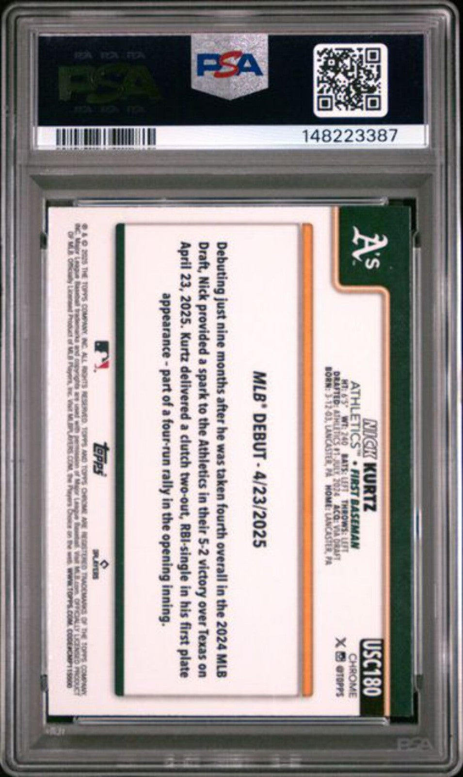 Graded 2025 Topps Chrome Nick Kurtz #180 /250 Purple Raywave Rookie Card PSA 9