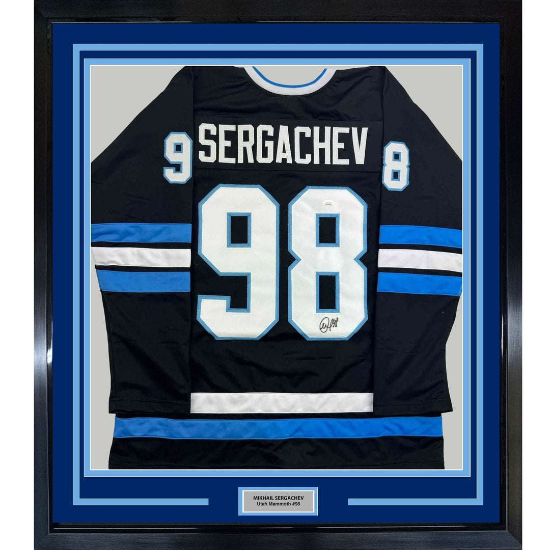 Framed Autographed/Signed Mikhail Sergachev 35x39 Utah Black Jersey JSA COA
