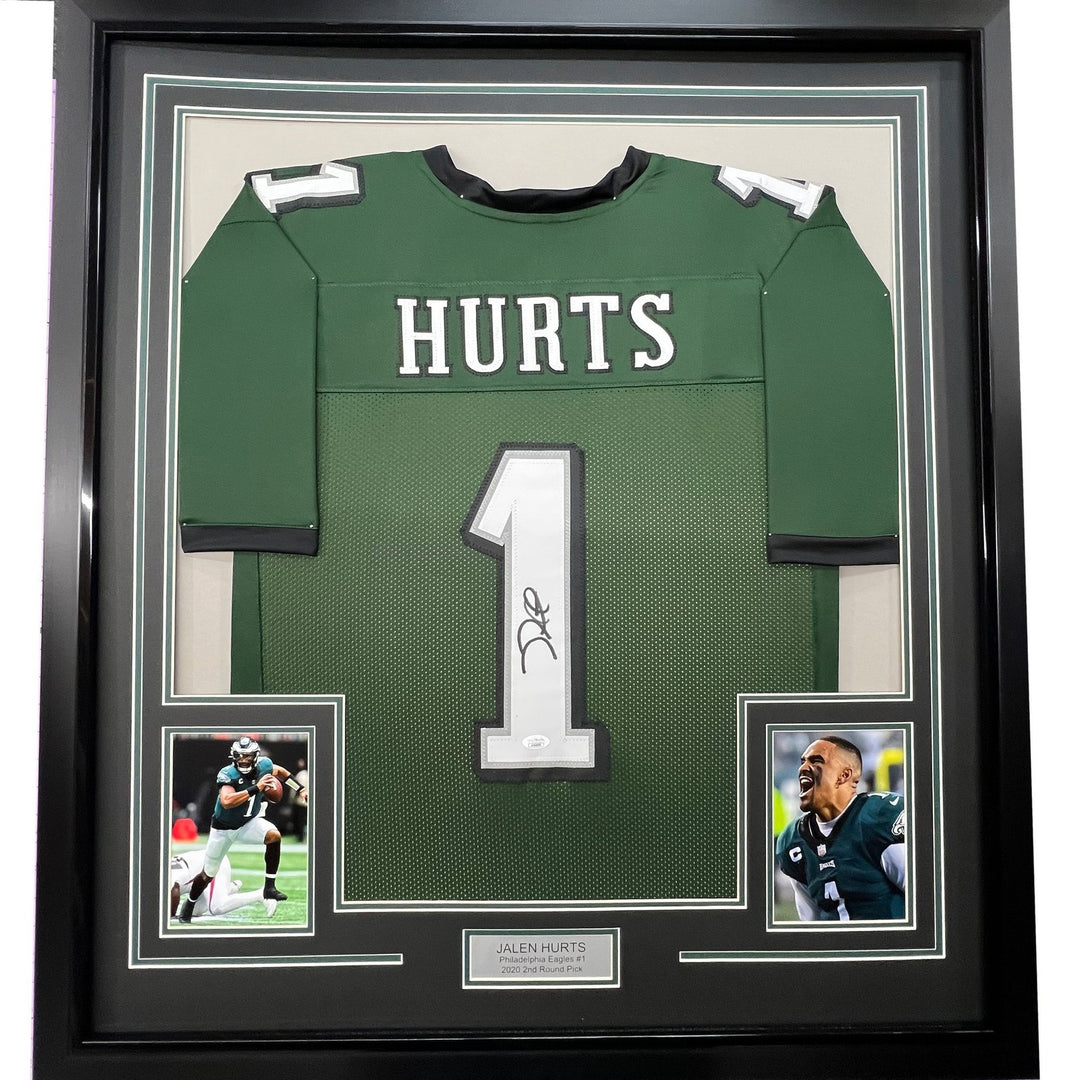 Framed Signed Jalen Hurts 35x39 #1 Philadelphia Green Jersey JSA COA