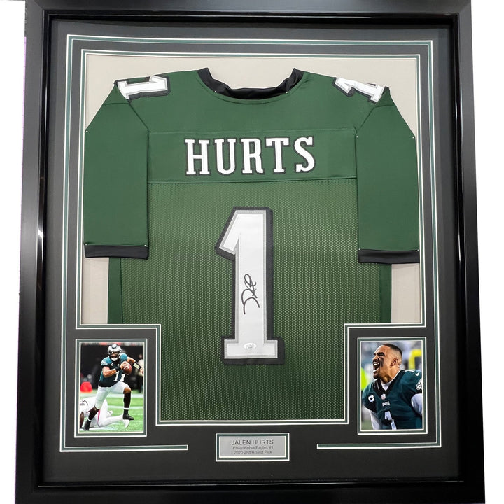 Framed Signed Jalen Hurts 35x39 #1 Philadelphia Green Jersey JSA COA