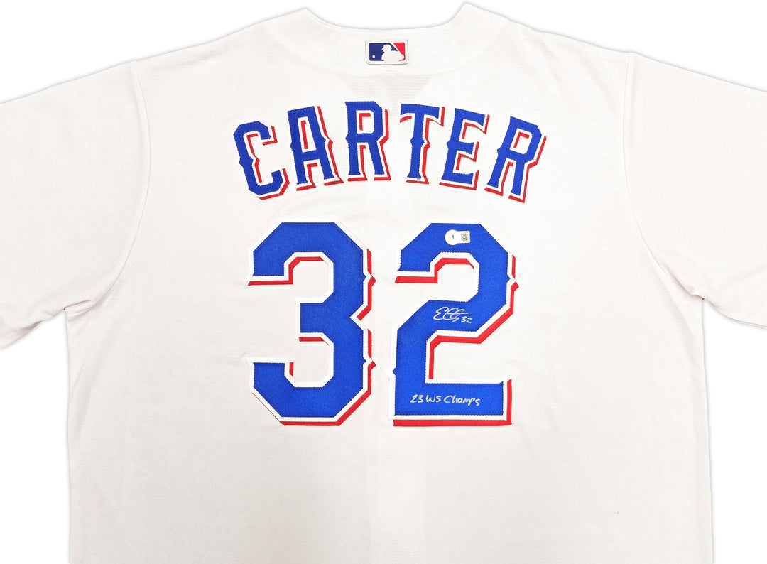 Rangers Evan Carter Signed White Nike Jersey Size XLT "23 WS Champs" Beckett Wit