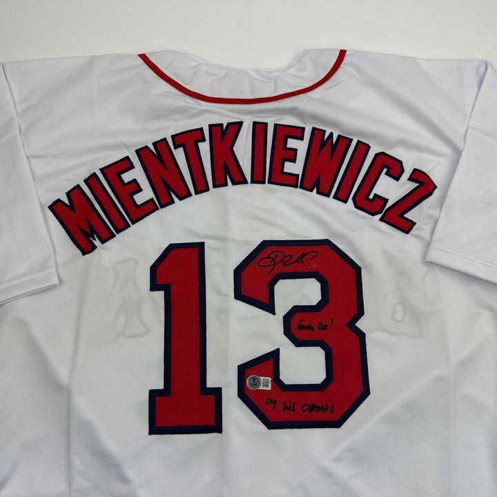 Autographed/Signed Doug Mientkiewicz Final Out! Boston White Jersey BAS COA