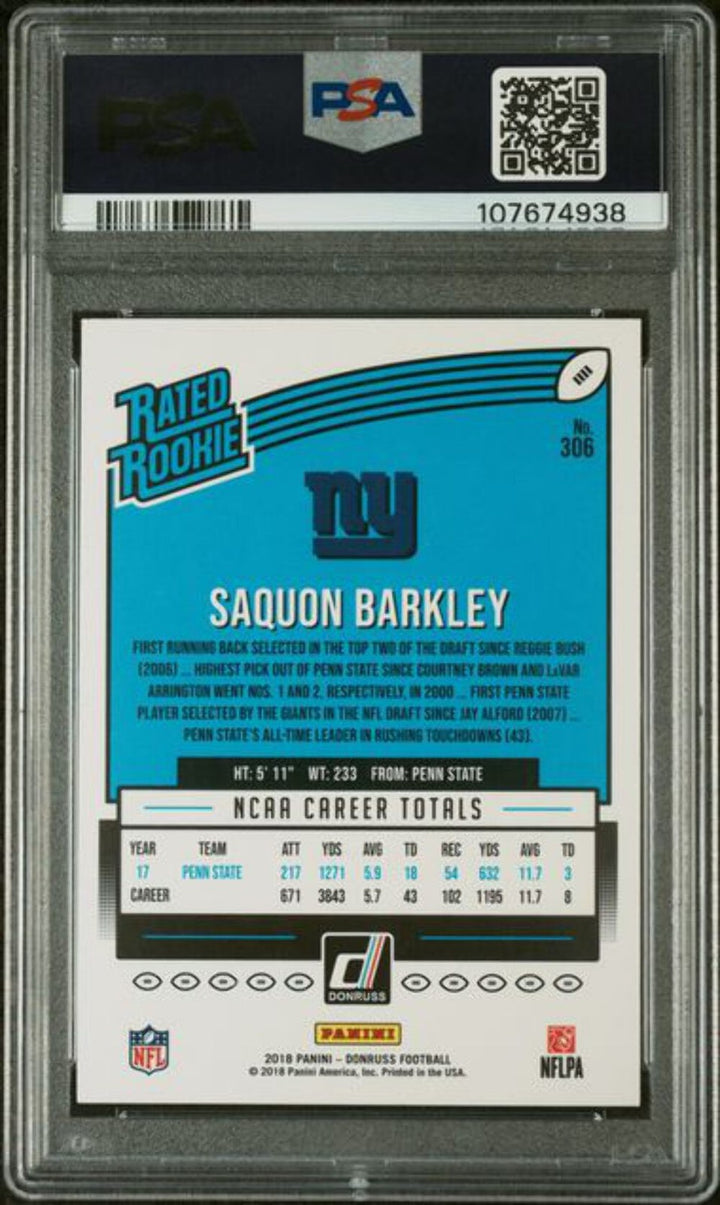 Graded 2018 Panini Donruss Saquon Barkley #306 Rookie RC Football Card PSA 9