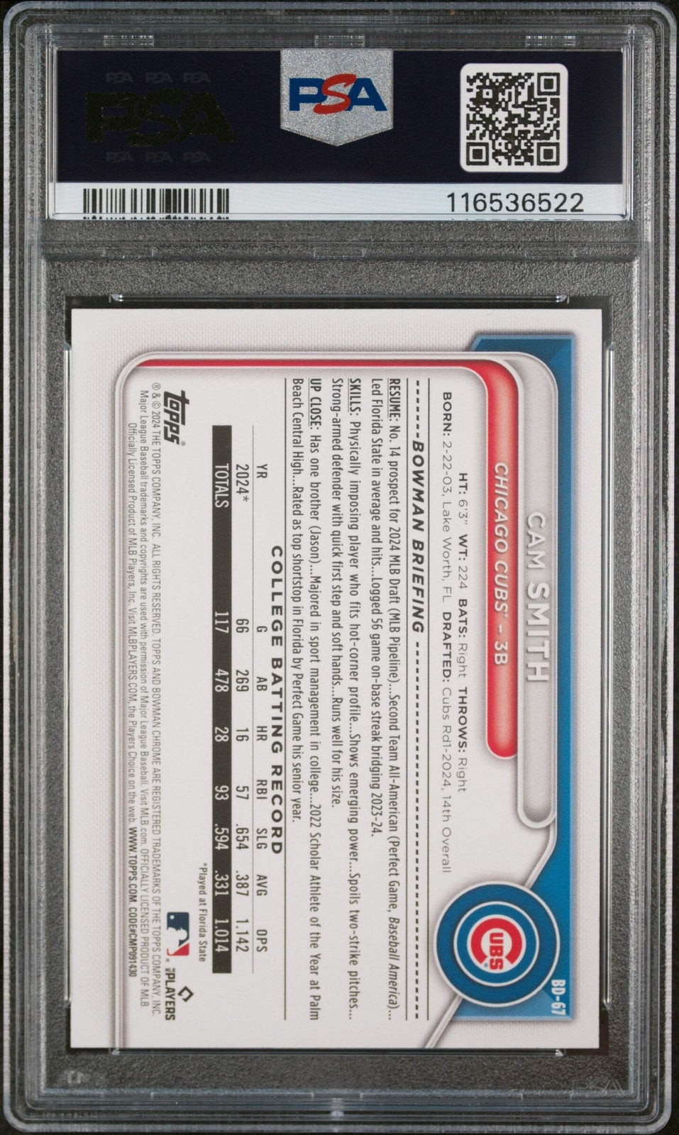 Graded 2024 Topps Bowman Draft Cam Smith #BD67 Rookie RC Baseball Card PSA 10
