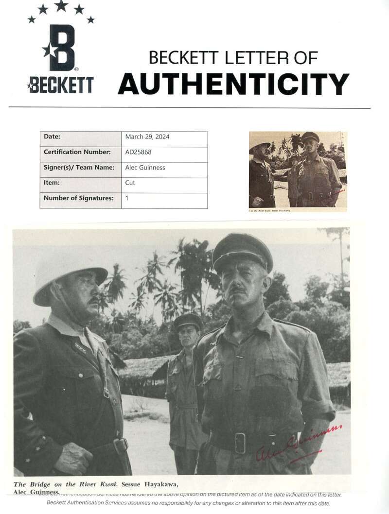 Alec Guiness Beckett BAS Signed 5x8 Cut Photo The Bridge on the River Kwai Autog