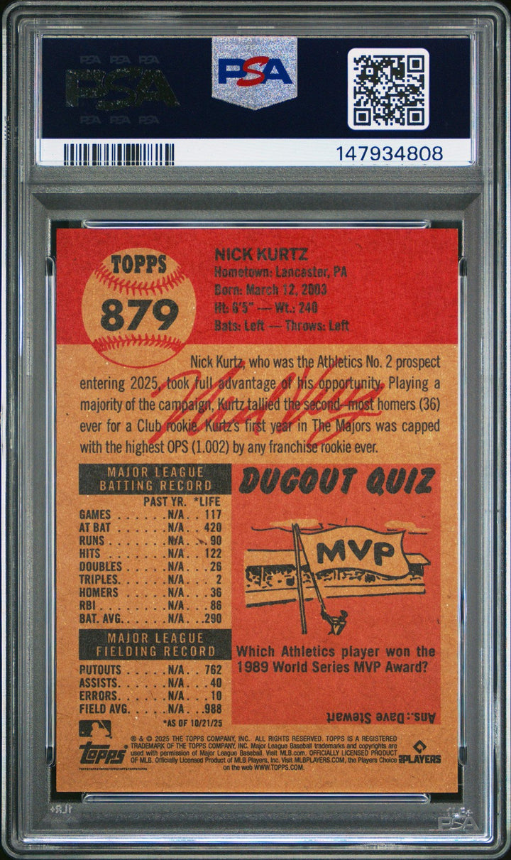 Graded 2025 Topps Living Nick Kurtz #879 Black Bio /10 RC Baseball Card PSA 9
