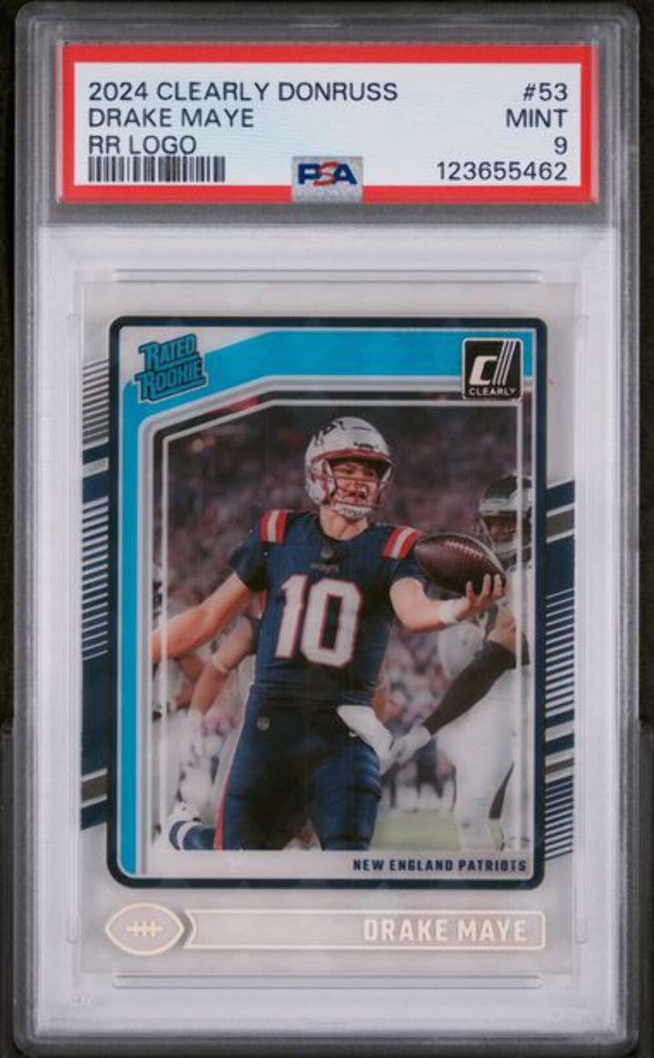 Graded 2024 Panini Clearly Donruss Drake Maye #53 RR Logo Rookie RC Card PSA 9