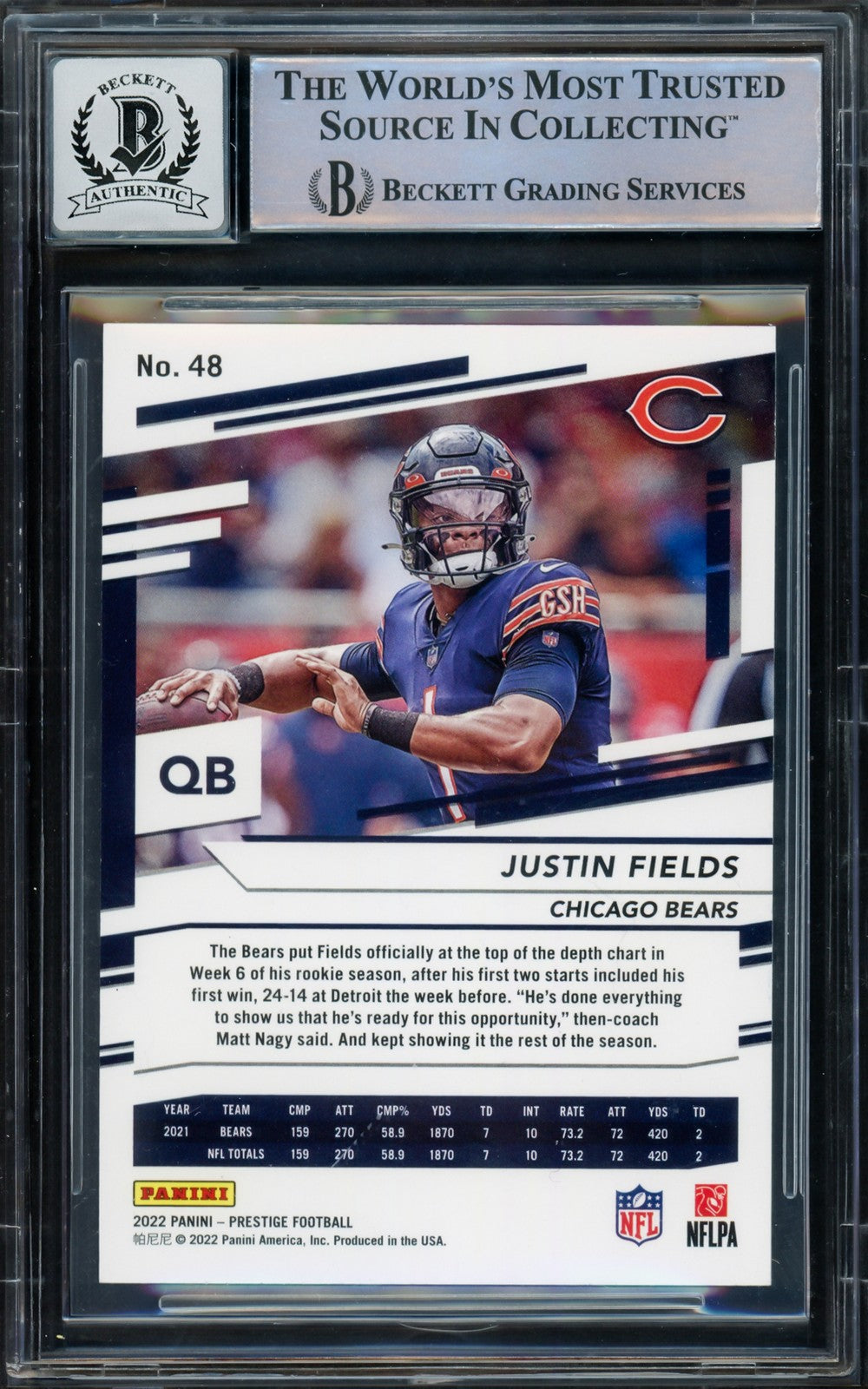 Justin Fields Signed 2021 Panini Prestige RC 48 Chicago Bears Auto GM 10 Beckett