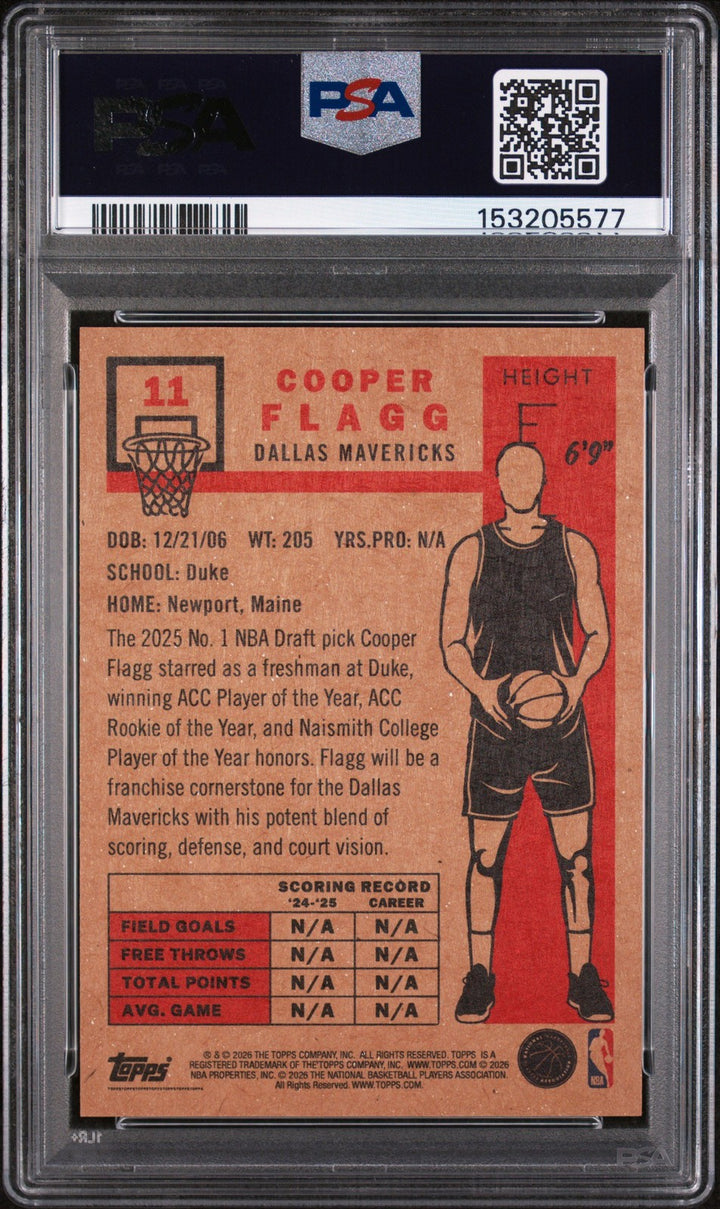 Graded 2025 Topps Living Cooper Flagg #11 Rookie RC Basketball Card PSA 9