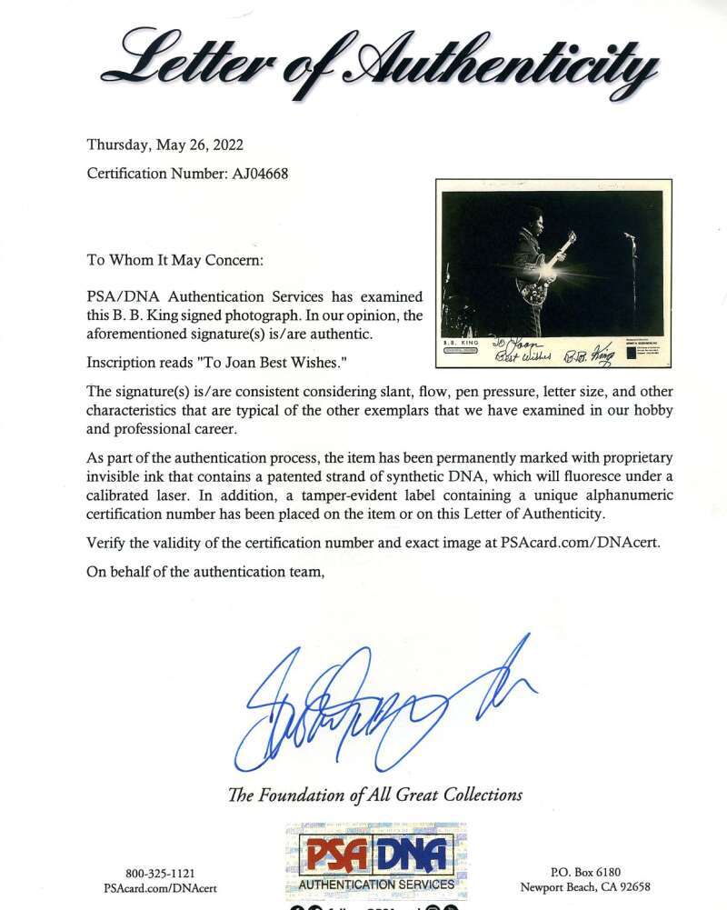 BB King PSA DNA Coa Signed 8x10 Photo Autograph