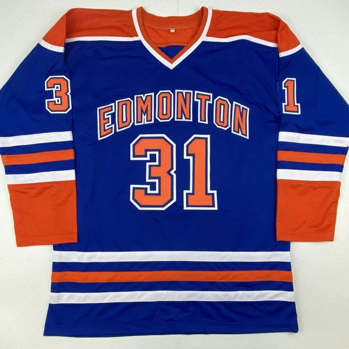 Autographed/Signed GRANT FUHR Edmonton Blue Jersey Beckett BAS COA Auto