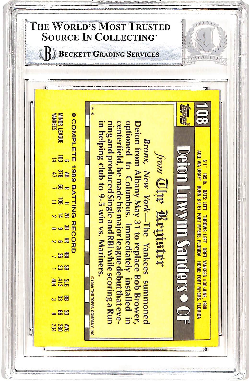 Deion Sanders Signed 1989 Topps Debut #108 Trading Card Beckett 42655