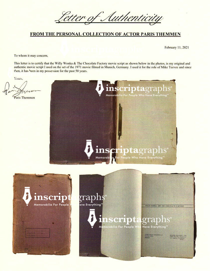 Paris Themmen's 1971 Willy Wonka Actual Movie Used Script for Mike TV COA Prop