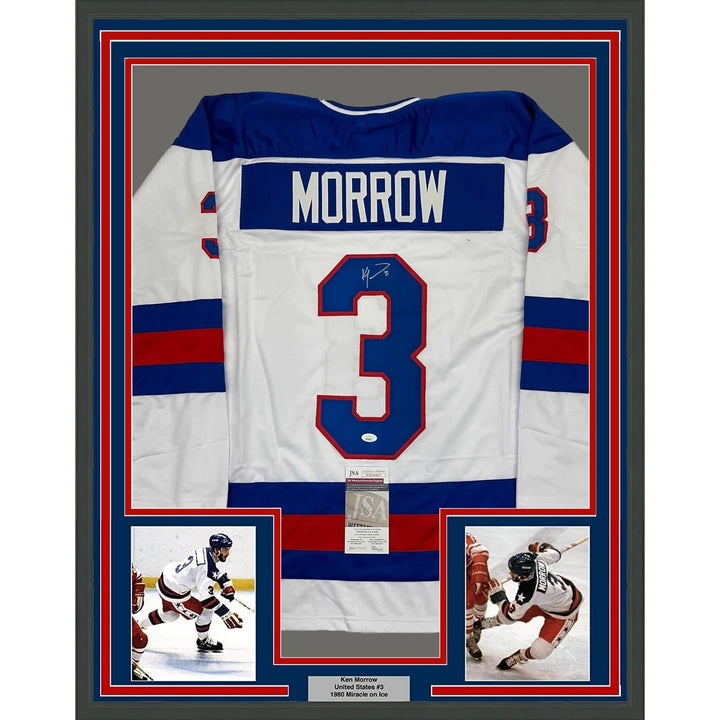 Framed Signed Ken Morrow 35x39 1980 Miracle White Jersey JSA COA