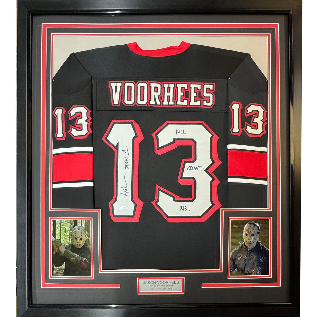 Framed Signed Ari Lehman Jason Voorhees 35x39 Black Jersey JSA COA