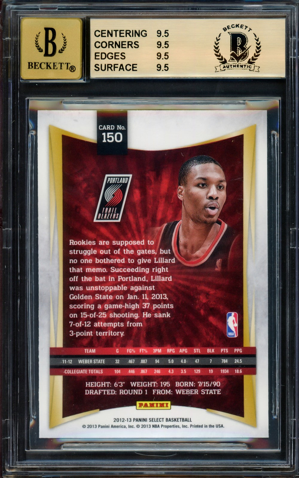 Damian Lillard Auto Signed 2012-13 Panini Select RC 150 BGS 9.5 Sig 10 Beckett