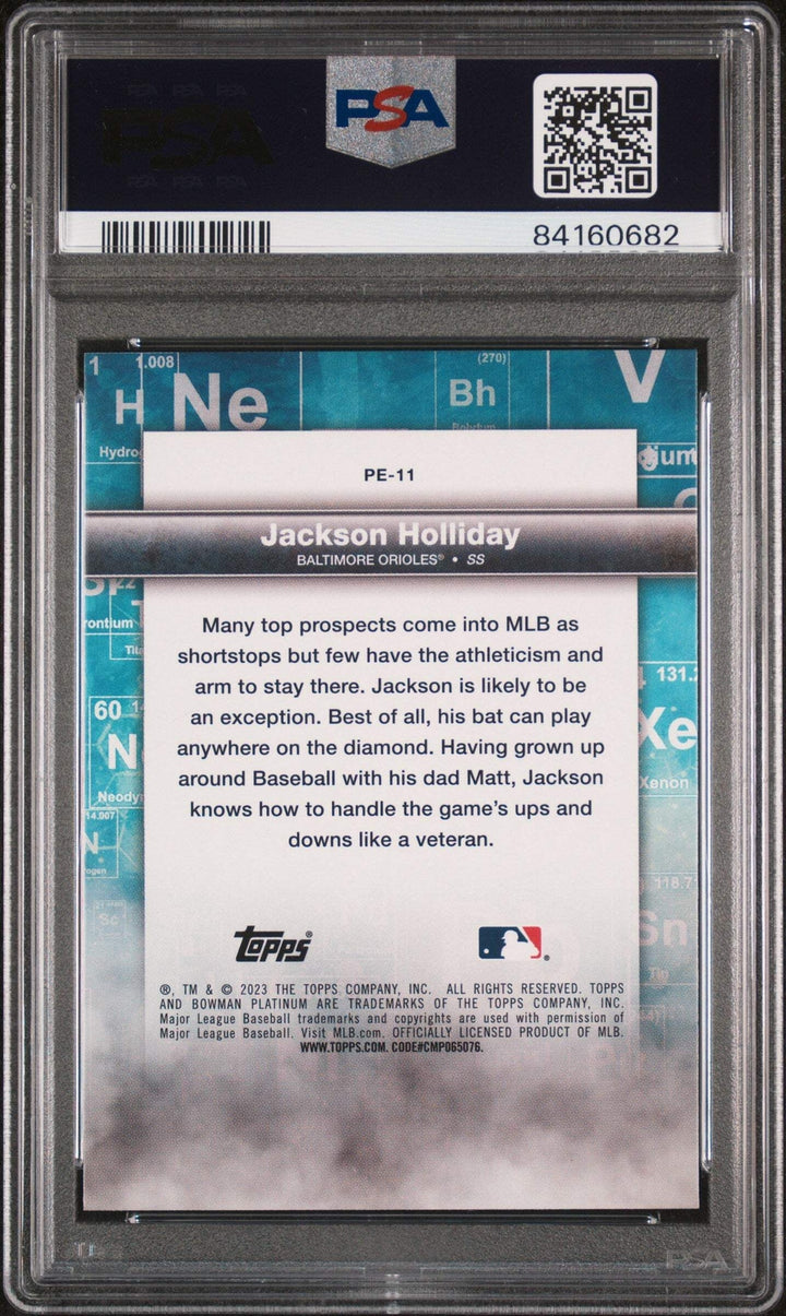 Graded 2023 Bowman Plat Jackson Holliday #PE11 Prec Ele RC Baseball Card PSA 10