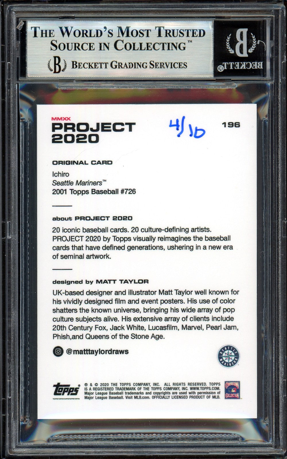 Ichiro Suzuki Auto Topps Project 2020 Matt Taylor Card 196 Mariners /10 BAS