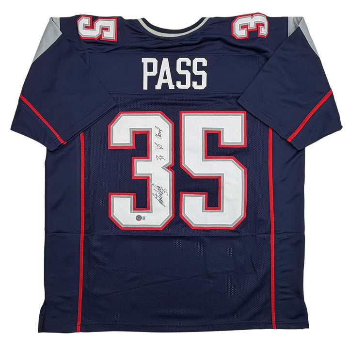 Autographed/Signed Patrick Pass 3x SB Champ New England Blue Jersey Beckett COA