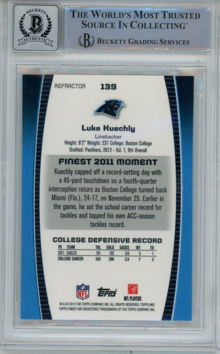 Luke Kuechly Signed Panthers 2012 Finest Refractor #139 Beckett Auto 10 40696