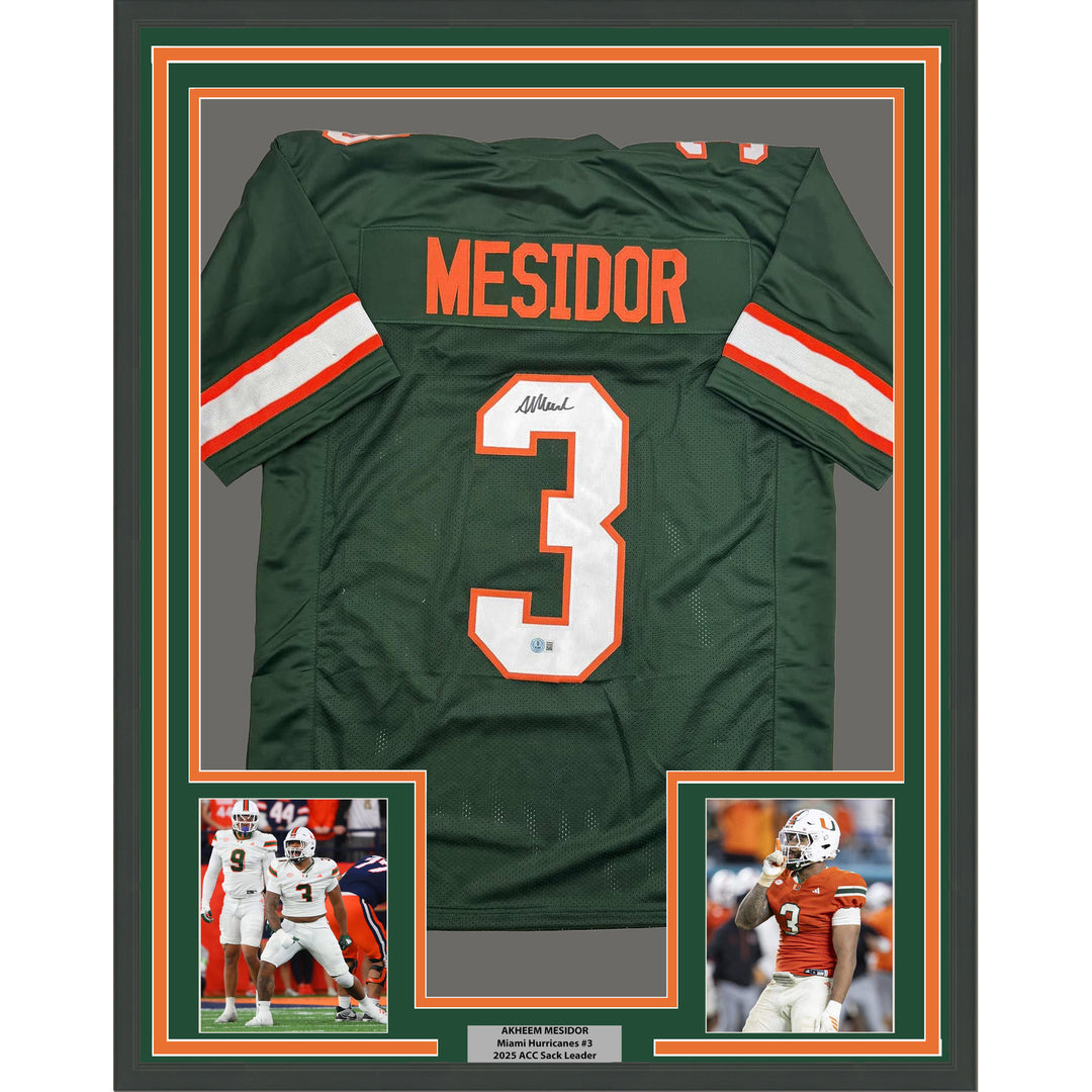 Framed Autographed/Signed Akheem Mesidor 35x39 Miami Green Jersey Beckett COA