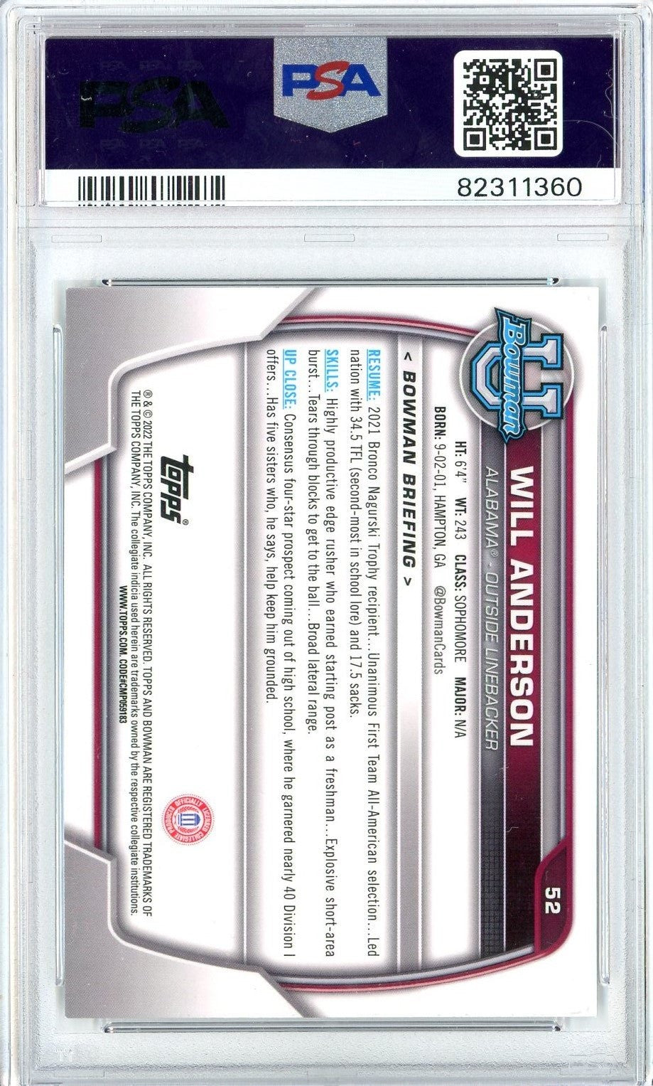 Graded 2022 Bowman University Will Anderson 52 Chrome Prospects Card PSA 10