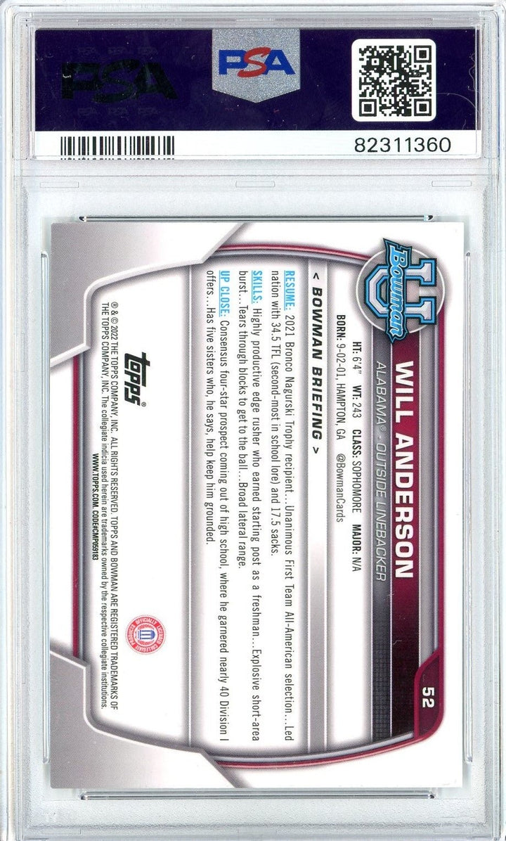 Graded 2022 Bowman University Will Anderson 52 Chrome Prospects Card PSA 10