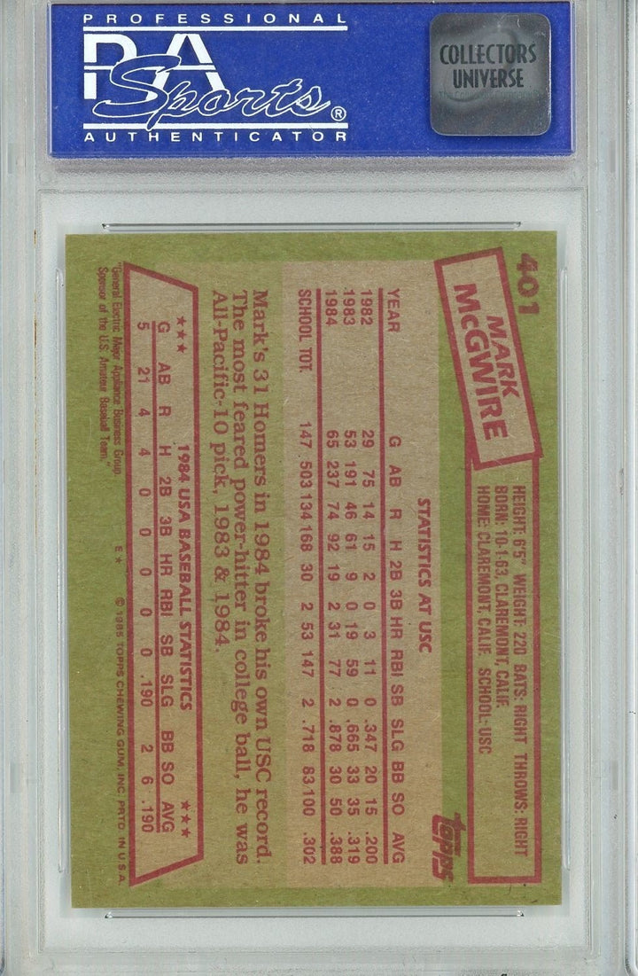 Graded 1985 Topps USA Team Mark McGwire #401 Rookie RC Card PSA 8 NM-MT