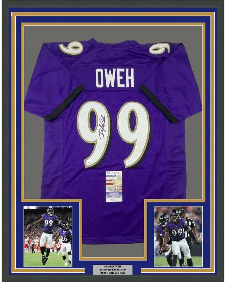 FRAMED Autographed/Signed ODAFE OWEH 35x39 Purple Football Jersey JSA COA