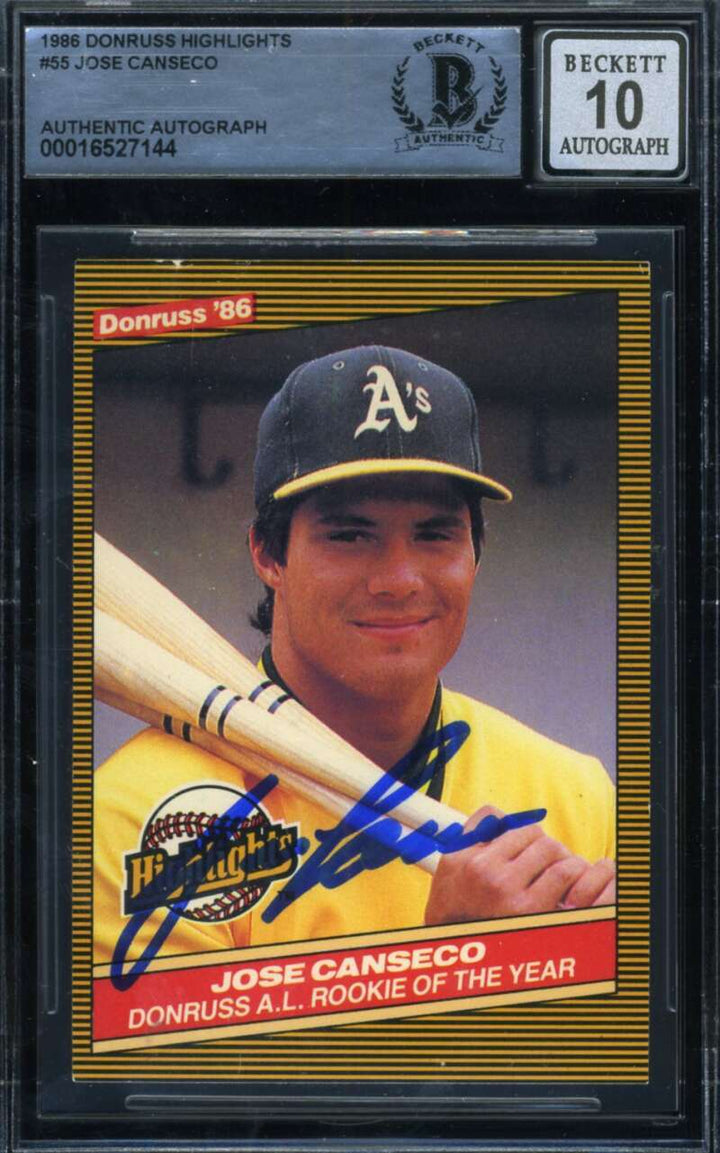 Jose Canseco Gem Mint 10 Beckett BAS Signed 1986 Donrusss Highlights Rookie Auto