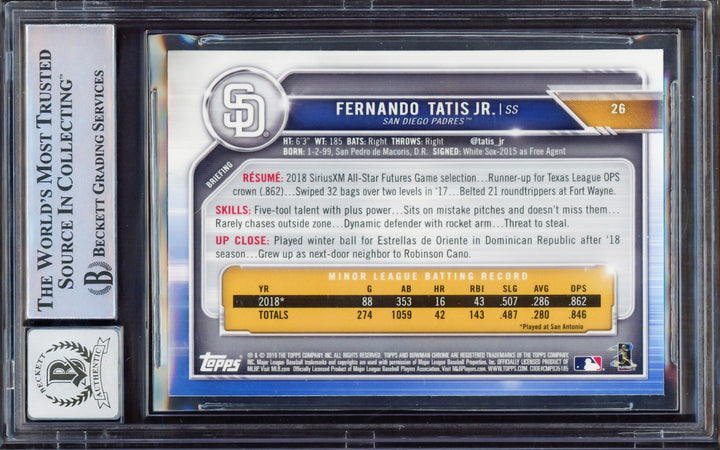 Fernando Tatis Jr. Signed 2019 Bowman Chrome RC 26 Padres BGS 8.5 Sig 10 Beckett