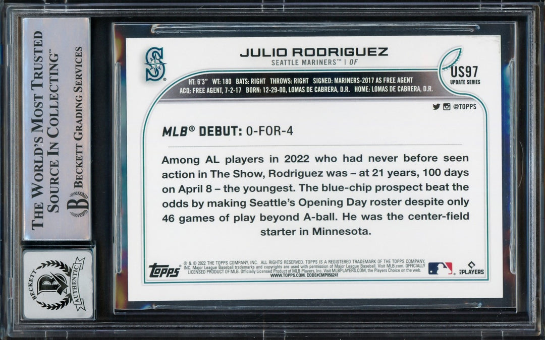 Julio Rodriguez Signed 2022 Topps Update RC US97 Mariners Auto GM 10 Beckett