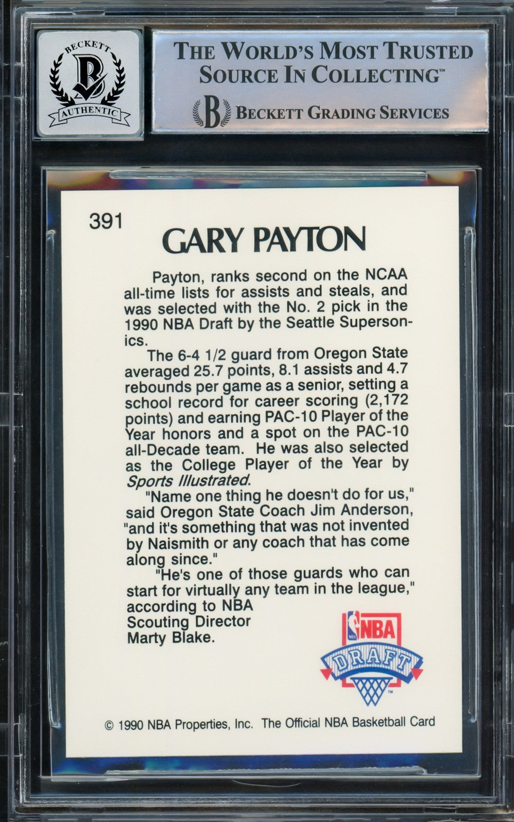 Gary Payton Signed 1990-91 Hoops RC 391 Seattle Supersonics Auto 10 Beckett