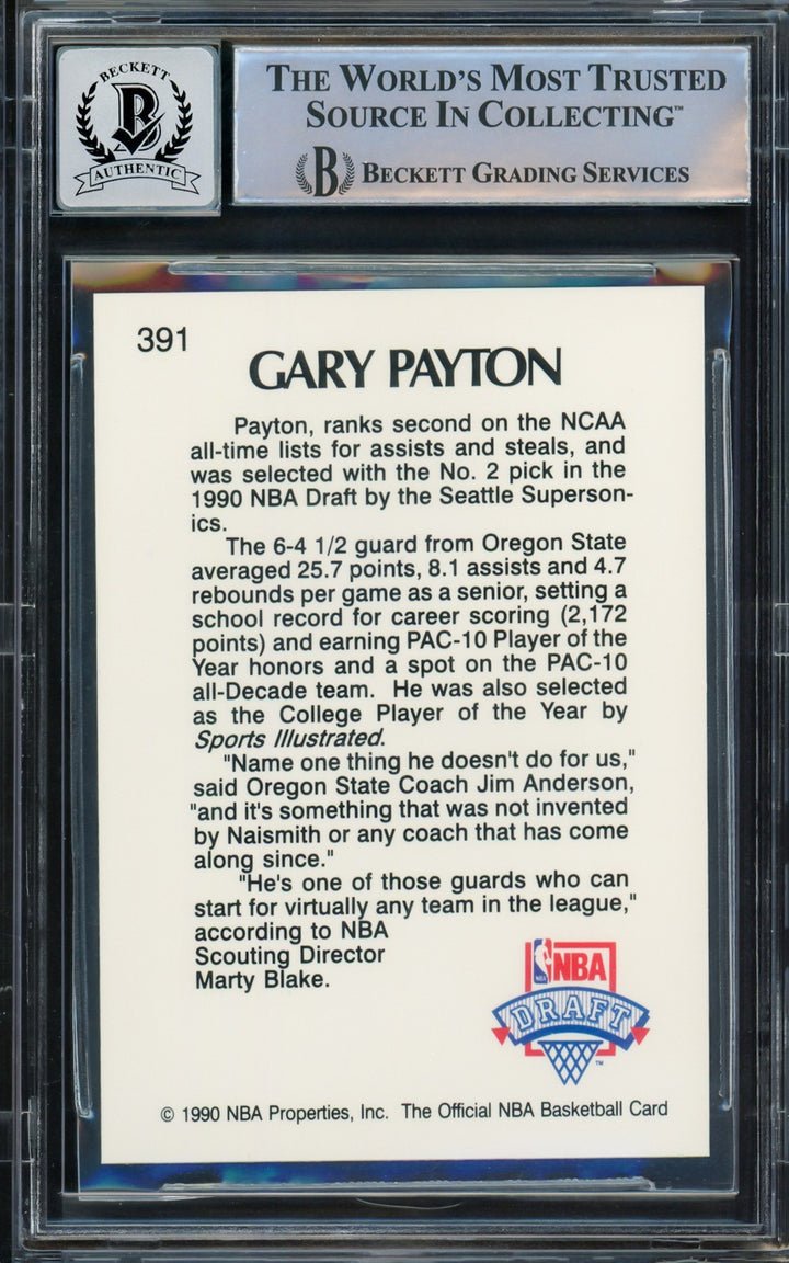 Gary Payton Signed 1990-91 Hoops RC 391 Seattle Supersonics Auto 10 Beckett