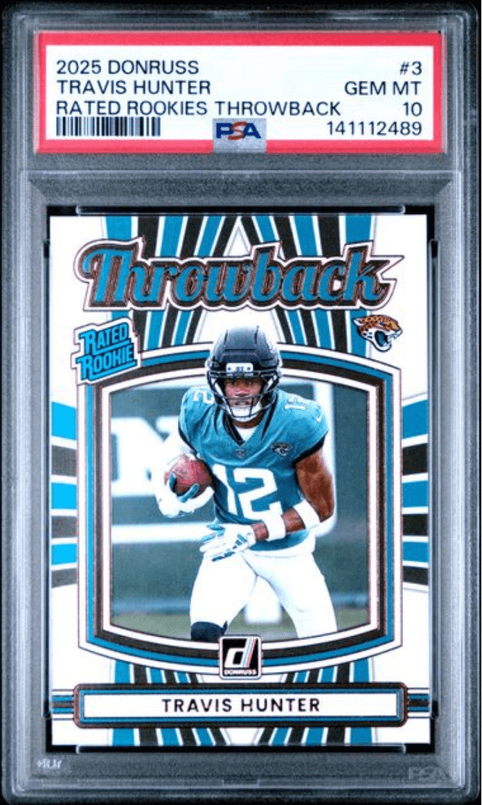 Graded 2025 Donruss Travis Hunter #3 Rated Rookie Throwback Card PSA 10