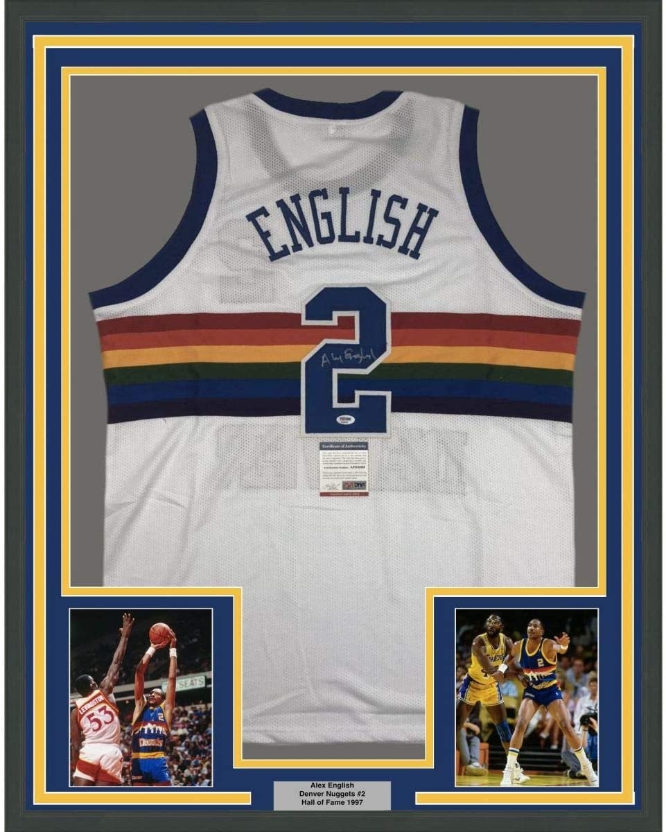 FRAMED Autographed/Signed ALEX ENGLISH 33x42 Denver White Jersey PSA COA