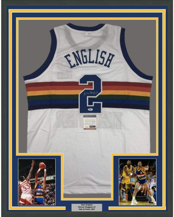 FRAMED Autographed/Signed ALEX ENGLISH 33x42 Denver White Jersey PSA COA