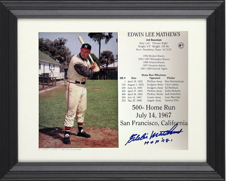 Eddie/Ed Mathews signed Braves 500th HR 7/14/67 8x10 Photo/Card HOF Framed - COA