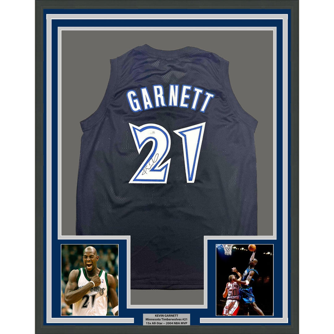 Framed Signed Kevin Garnett 35x39 Minnesota Black Jersey Beckett COA