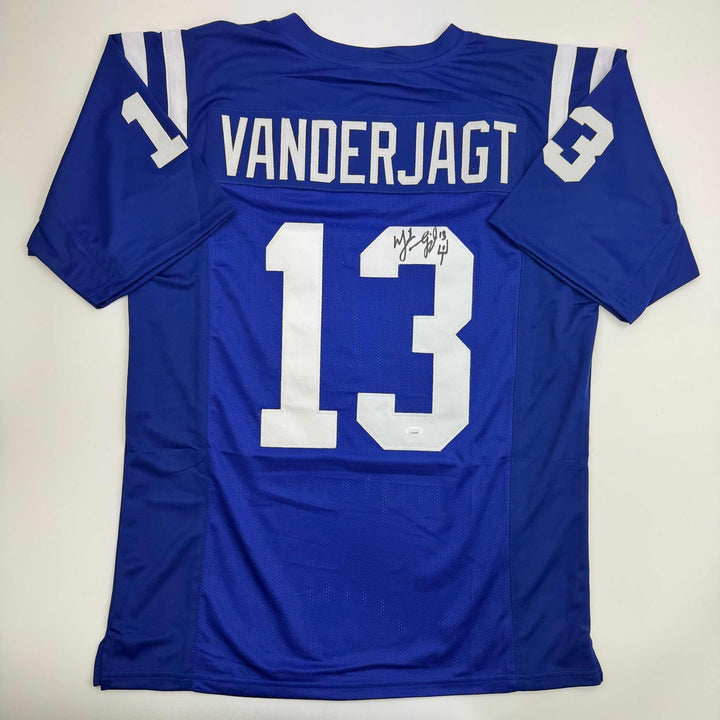Autographed/Signed Mike Vanderjagt Indianapolis Blue Football Jersey JSA COA