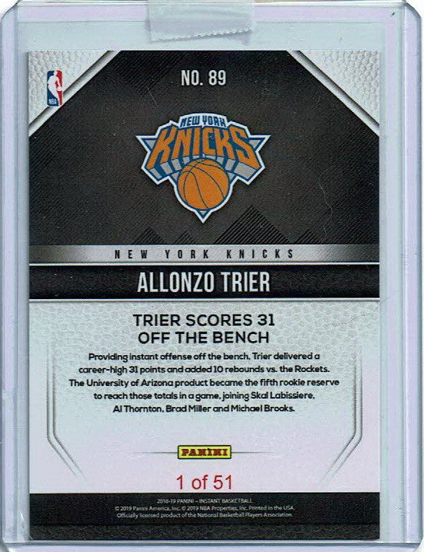2018-19 ALLONZO TRIER SCORES 31 OFF THE BENCH NY KNICKS PANINI INSTANT CARD #89