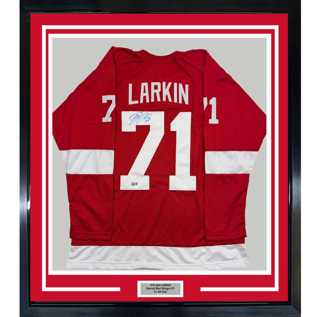 Framed Autographed/Signed Dylan Larkin 35x39 Detroit Red Jersey Beckett BAS COA