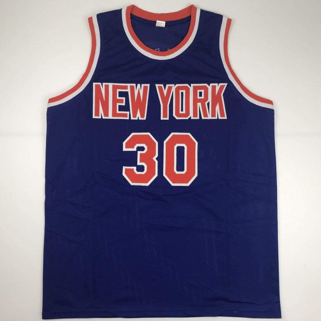Autographed/Signed BERNARD KING New York Blue Basketball Jersey Beckett BAS COA