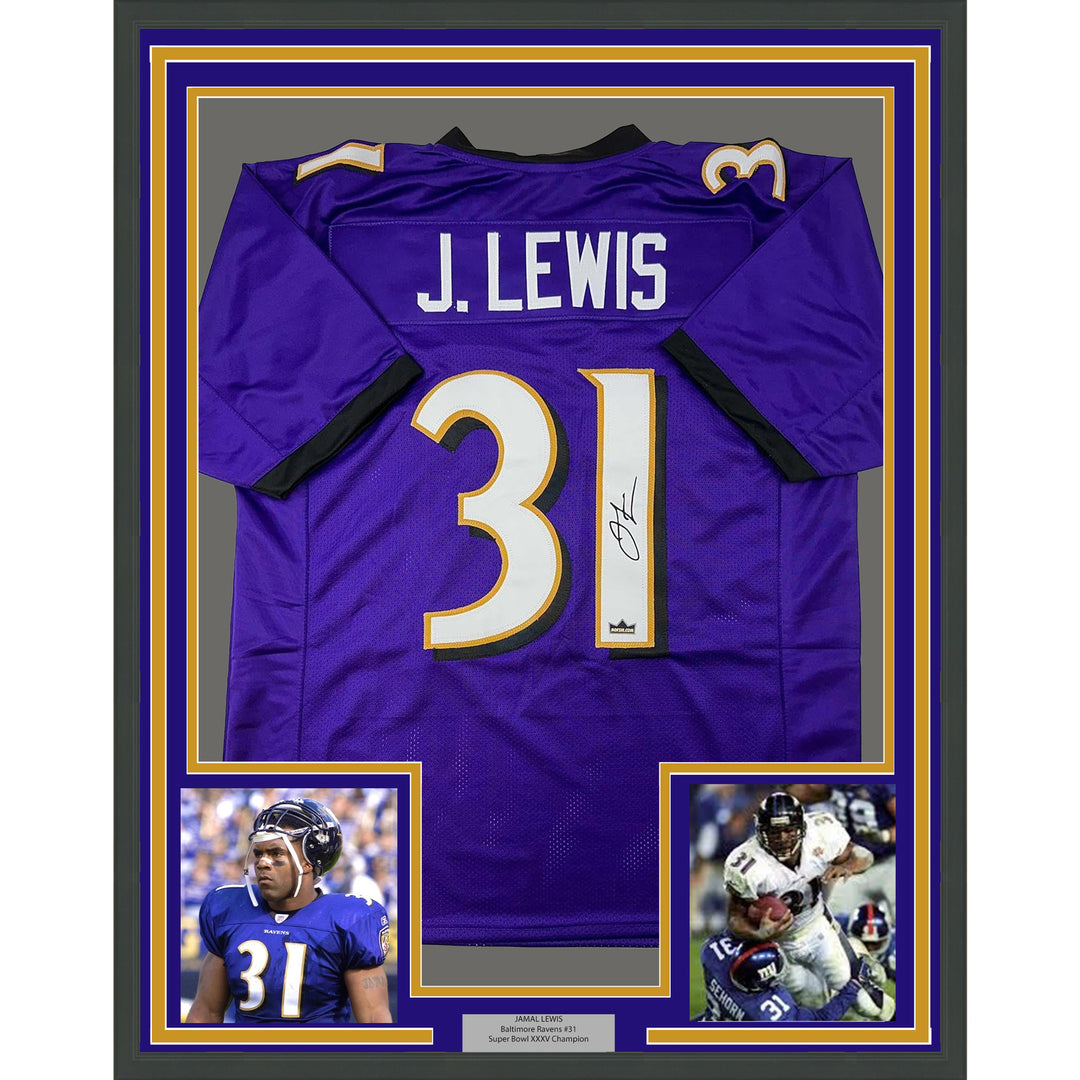 Framed Facsimile Autographed Jamal Lewis 35x39 Baltimore Purple Reprint Jersey