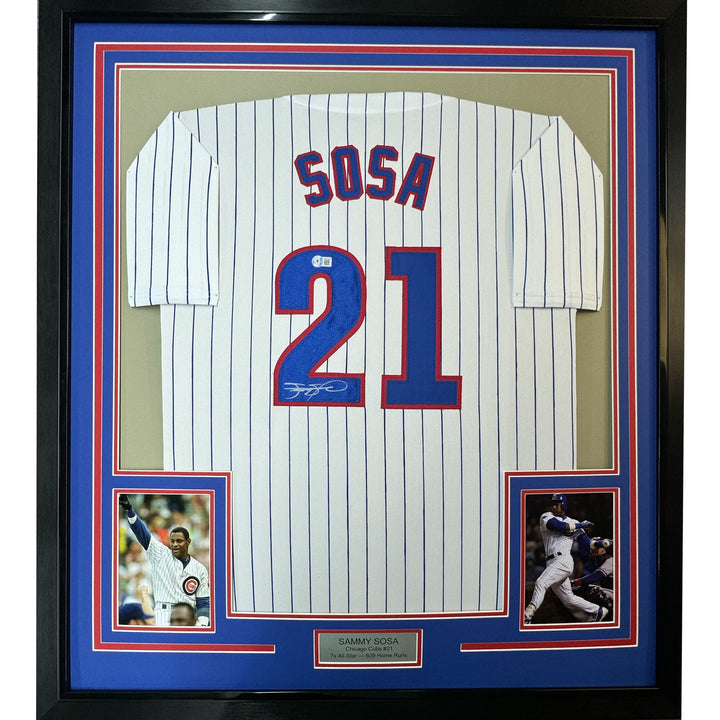 Framed Autographed/Signed Sammy Sosa 33x42 Chicago Pinstripe Jersey Beckett COA
