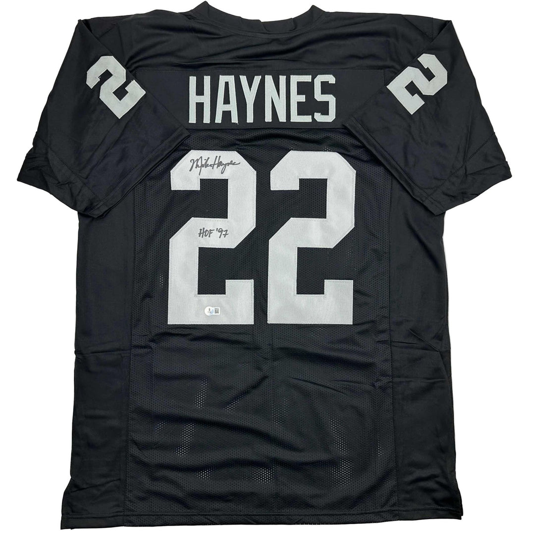 Autographed/Signed Michael Haynes HOF 97 Oakland Black Jersey Beckett COA