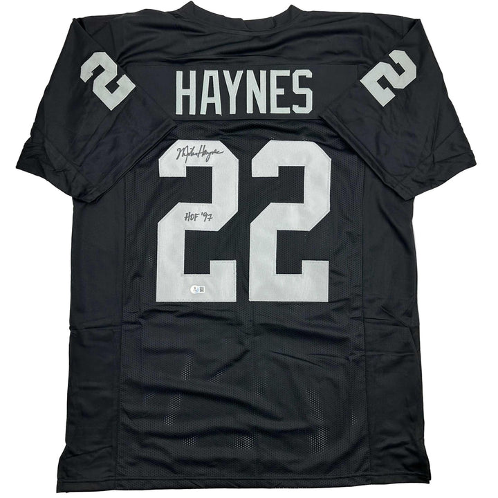 Autographed/Signed Michael Haynes HOF 97 Oakland Black Jersey Beckett COA