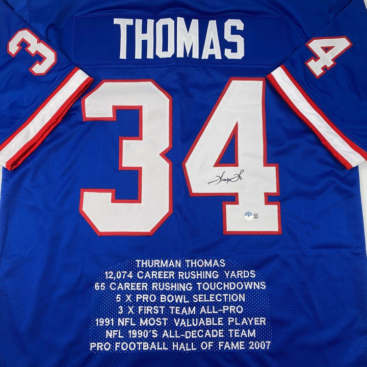 Autographed/Signed Thurman Thomas Buffalo Blue Stat Jersey Beckett BAS COA