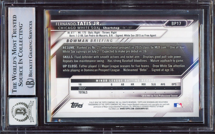 Fernando Tatis Jr Auto 2016 Bowman Prospect Yellow RC BP17 BGS 8.5 Sig 10 BAS